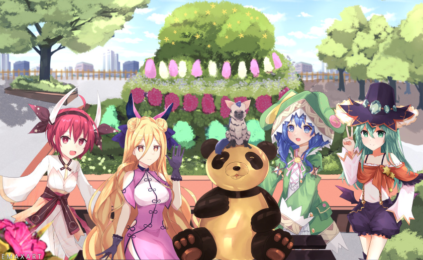 4girls blonde_hair blue_eyes blue_hair city date_a_live emaxart green_eyes green_hair highres hoshimiya_mukuro hyena itsuka_kotori looking_at_viewer multiple_girls natsumi_(date_a_live) panda red_eyes red_hair statue yellow_eyes yoshino_(date_a_live) zoo