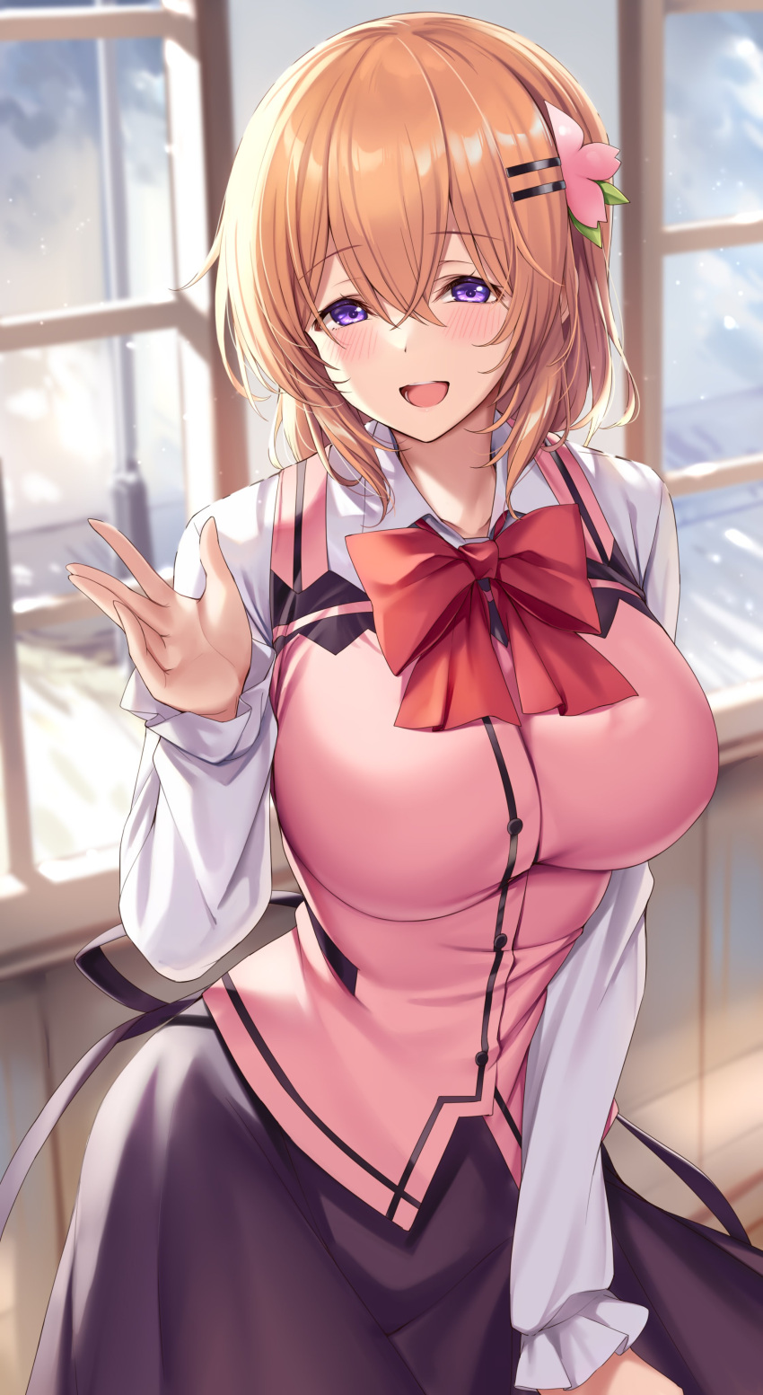 1girl absurdres black_skirt blush breasts collared_shirt gochuumon_wa_usagi_desu_ka? hair_between_eyes highres hoto_cocoa ks_(xephyrks) large_breasts long_sleeves looking_at_viewer medium_hair open_mouth orange_hair pink_vest purple_eyes shirt skirt smile solo vest white_shirt