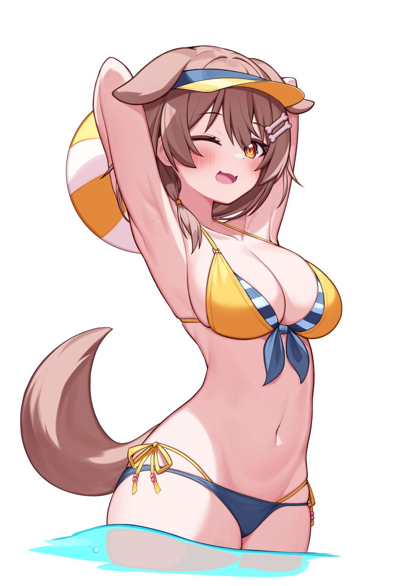 1girl ;d animal animal_ears armpits arms_behind_head arms_up ball beachball bikini black_bikini blush bone_hair_ornament breasts brown_eyes brown_hair cleavage collarbone commentary deaver dog_ears dog_girl dog_tail fangs hair_ornament highres holding holding_ball holding_beachball hololive inugami_korone layered_bikini looking_at_viewer medium_breasts medium_hair mismatched_bikini navel one_eye_closed open_mouth simple_background smile solo standing stomach swimsuit tail virtual_youtuber visor_cap wading white_background yellow_bikini