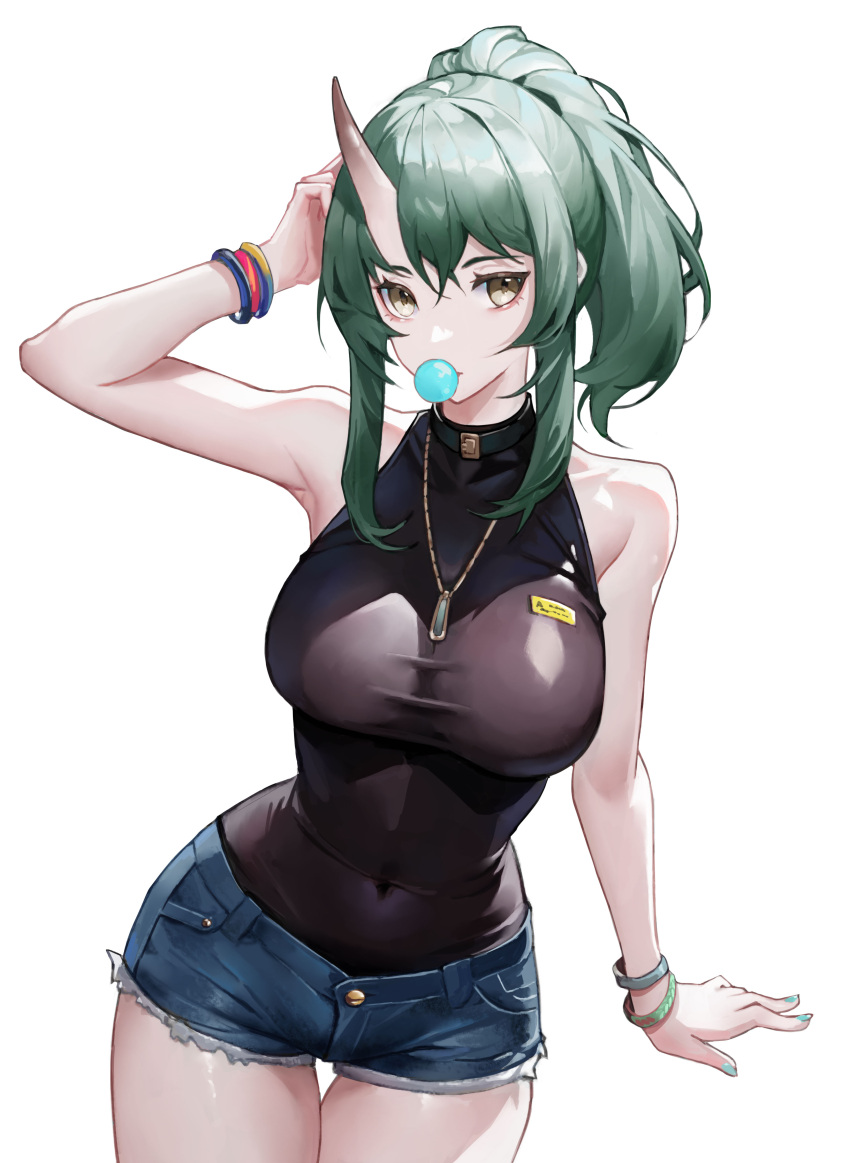 1girl absurdres alternate_costume alternate_hairstyle arknights arm_support armpits bare_shoulders black_shirt bracelet breasts bubble_blowing chewing_gum commentary cowboy_shot denim denim_shorts green_hair green_nails hair_up highres horns hoshiguma_(arknights) jewelry large_breasts multiple_bracelets nail_polish name_tag ponytail sama_(sama24654684) shirt shorts sidelocks simple_background single_horn sleeveless sleeveless_shirt solo tight white_background yellow_eyes