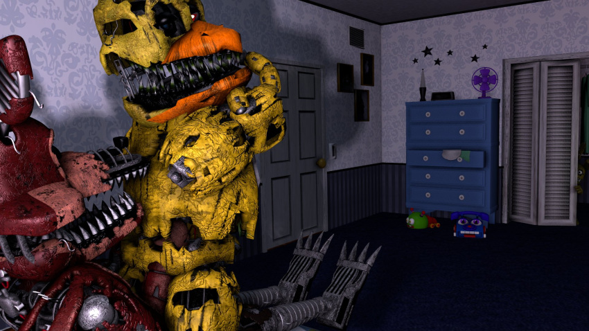 animatronic avian bed bedroom bird canid canine chica_(fnaf) chicken closet duo female five_nights_at_freddy's five_nights_at_freddy's_4 fox foxy_(fnaf) furniture galliform gallus_(genus) hi_res humanoid machine male male/female mammal nightmare_chica_(fnaf) nightmare_foxy_(fnaf) on_bottom on_top phasianid plushtrap_(fnaf) red_body red_eyes reverse_cowgirl_position robot scottgames sex yellow_body yellow_eyes