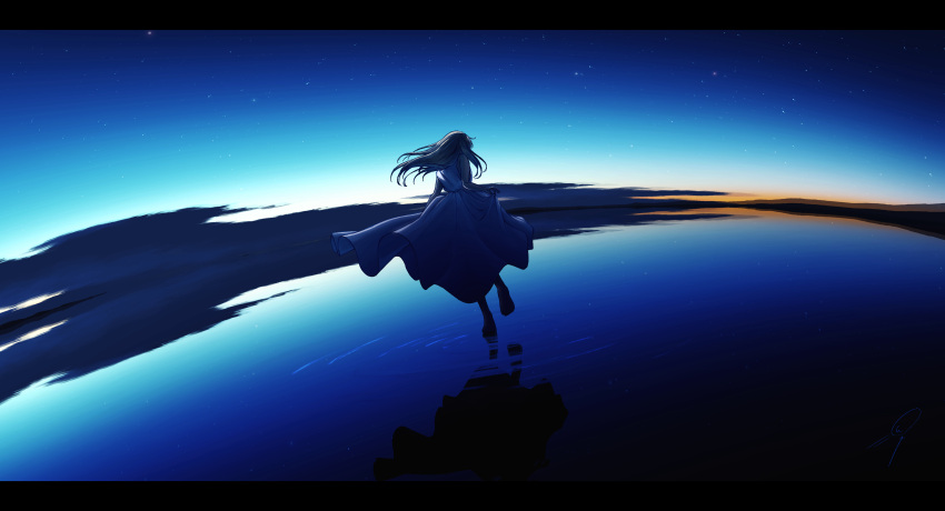 1girl absurdres cloud dark dawn dress floating_hair foot_up from_behind full_body grey_hair highres horizon lake letterboxed long_dress long_hair looking_down nengoro original outdoors reflection reflective_water ripples sidelocks signature skirt_hold sky solo standing standing_on_one_leg star_(sky) starry_sky walking water white_dress