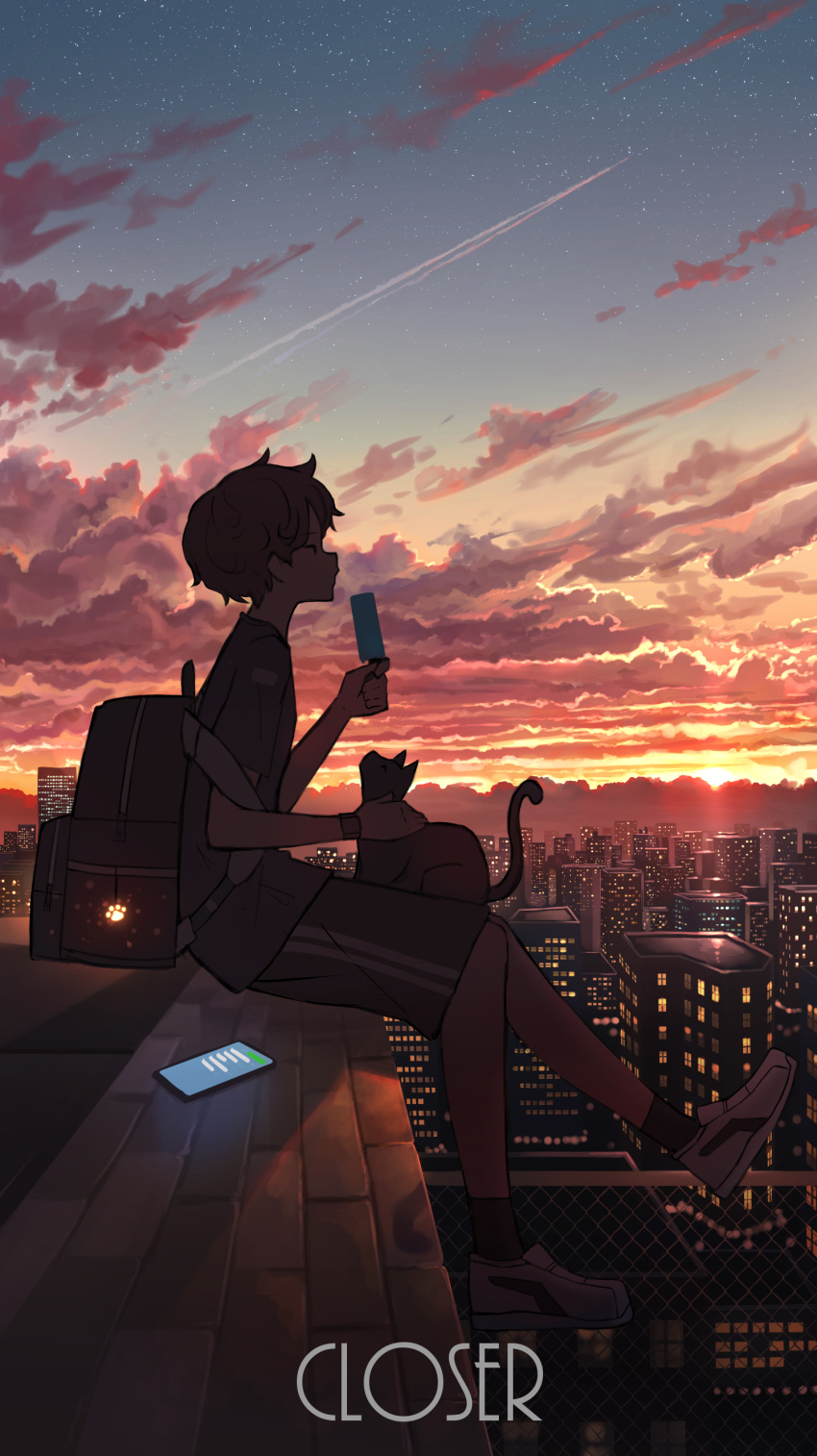 1boy absurdres backpack bag black_shirt blue_shirt building cat cellphone city cityscape cloud commentary_request contrail food from_side full_body highres horizon male_focus original outdoors pasoputi paw_print phone popsicle profile scenery shirt short_hair sky smartphone solo star_(sky) starry_sky sunset watch wristwatch