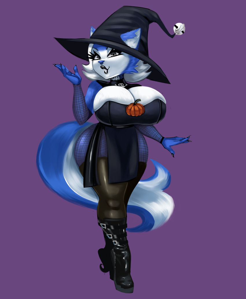 5_fingers 5_toes absurd_res anthro big_breasts big_butt blue_body blue_fur blue_lips blue_nose breasts butt canid canine canis clothing collar darbo darigem domestic_dog feet female fingers fishnet_clothing fur goth grey_eyes hair halloween hi_res holidays huge_breasts huge_butt husky hyper hyper_breasts lips looking_at_viewer mammal nordic_sled_dog simple_background solo spitz toes white_body white_fur white_hair wide_hips witch_costume