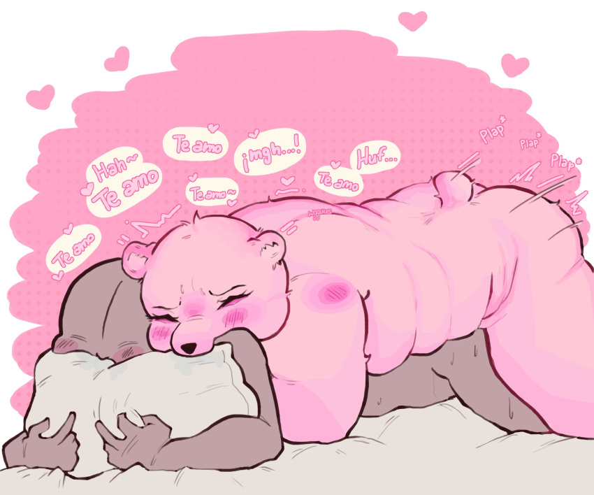 2023 anthro bear belly biped blush butt dialogue duo gordi_(unicorn_wars) hi_res mammal overweight pillow pink_body spanish_text text unicorn_wars wgguus