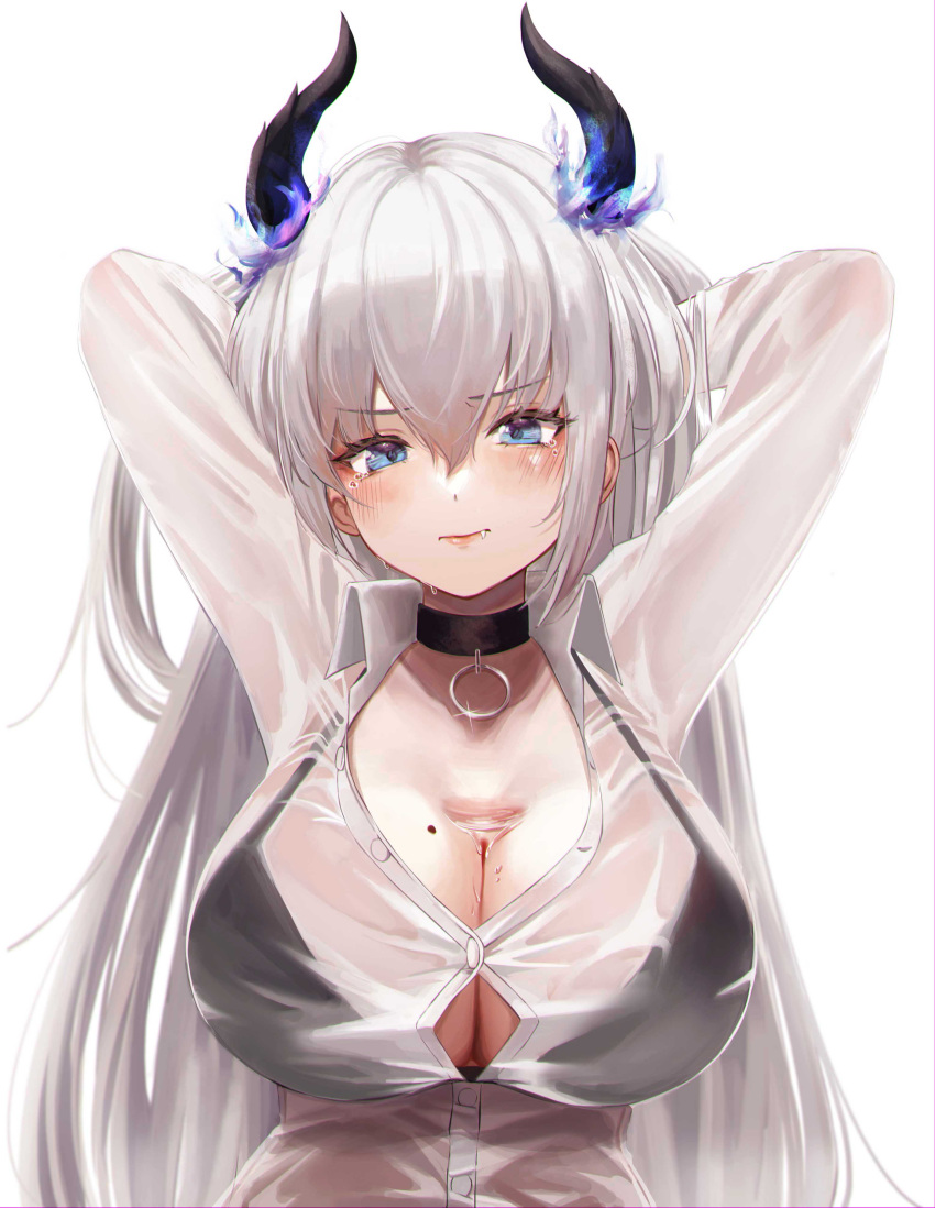 1girl absurdres arms_behind_head arms_up black_bra black_choker black_horns blue_eyes blush bra bra_visible_through_clothes breasts button_gap choker cleavage commission fang fang_out glint grey_hair highres horns large_breasts looking_at_viewer mole mole_on_breast original see-through see-through_shirt shirt sihana156 simple_background solo tears underwear upper_body wakamezake white_background white_shirt