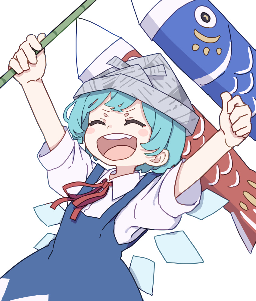 1girl absurdres arms_up blue_dress blue_hair blush_stickers cirno closed_eyes collared_shirt detached_wings dress fairy highres ice ice_wings kame_(kamepan44231) kodomo_no_hi koinobori open_mouth paper_hat paper_kabuto shirt short_hair short_sleeves simple_background smile solo touhou white_background white_shirt windsock wings