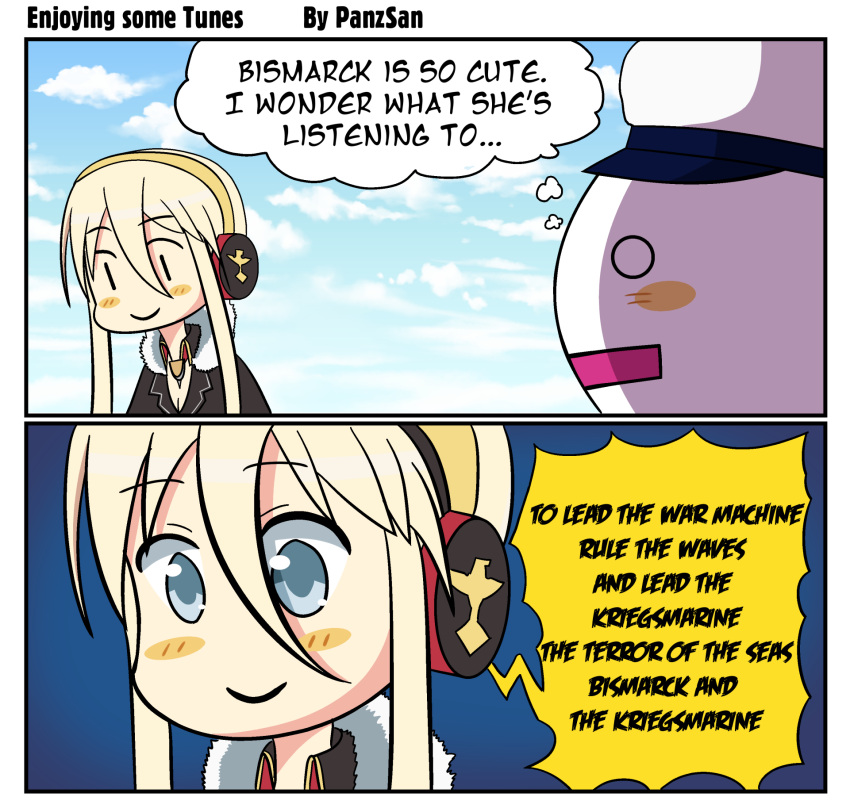 0_0 1boy 1girl artist_name azur_lane bismarck_(azur_lane) blonde_hair blue_eyes blush commander_(azur_lane) english_text fur_collar hat headphones highres i_wonder_what_she's_listening_to_(meme) listening_to_music long_hair lyrics meme open_mouth panzsan peaked_cap sabaton_(band) thought_bubble |_|