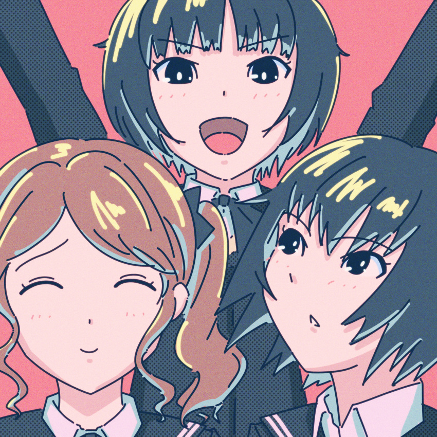 3girls :&lt; :d \o/ amagami arms_up black_bow black_bowtie black_hair black_jacket blazer blush bow bowtie bright_pupils brown_hair c: close-up closed_eyes closed_mouth collared_shirt commentary dress_shirt film_grain hair_bow halftone halftone_texture highres jacket kibito_high_school_uniform long_hair looking_at_another looking_at_viewer multiple_girls nakata_sae nanasaki_ai nervous open_mouth oshizu outstretched_arms pink_background portrait raised_eyebrows school_uniform shirt short_hair smile swept_bangs tachibana_miya twintails wavy_hair white_pupils white_shirt