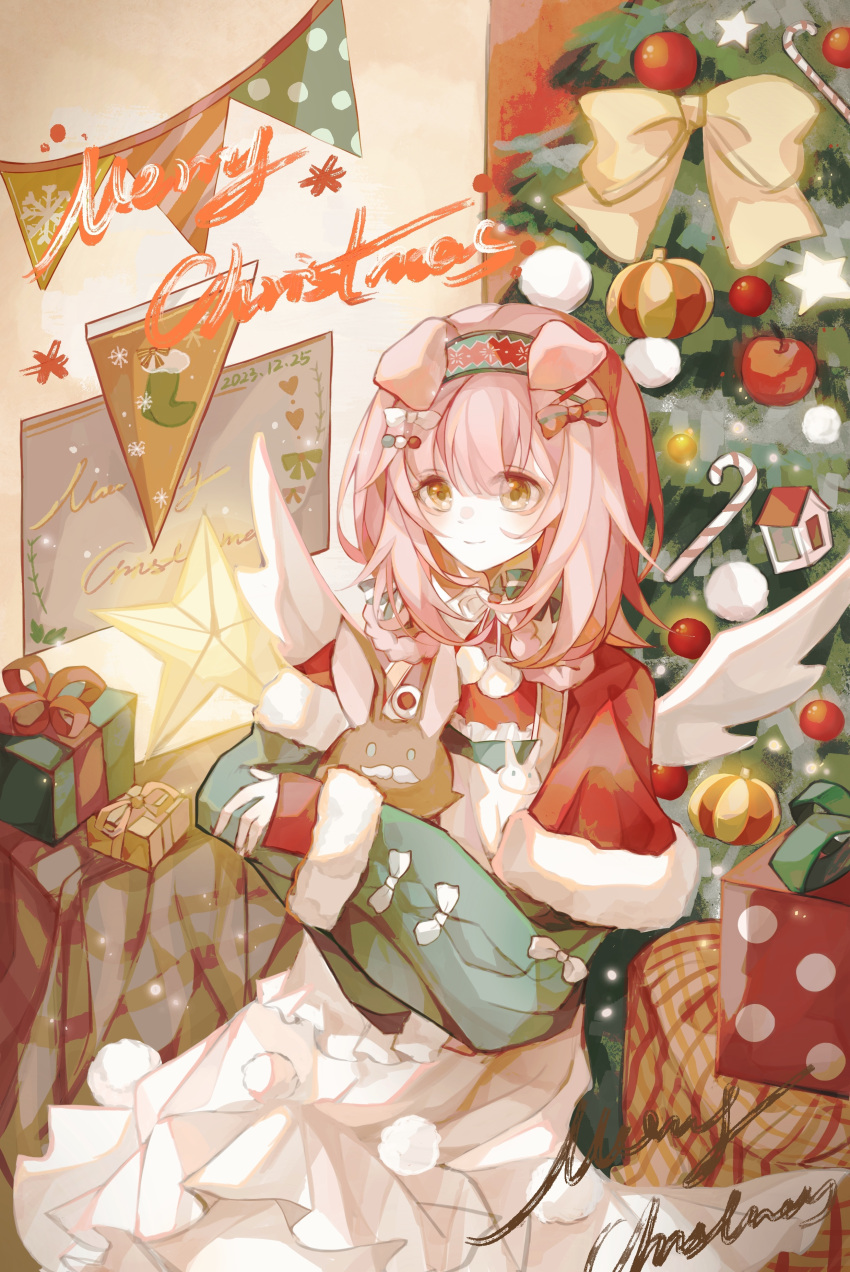 1girl absurdres animal_ears arknights bauble bow box cat_ears christmas christmas_ornaments christmas_tree dress floppy_ears floral_print flower fur_trim gift gift_box goldenglow_(arknights) goldenglow_(maiden_for_the_bright_night)_(arknights) hair_bow hair_ornament hairband highres holding holding_stuffed_toy indoors long_sleeves merry_christmas official_alternate_costume pink_hair poinsettia print_hairband procreate_(medium) red_bow red_dress smile solo star_(symbol) string_of_flags stuffed_animal stuffed_rabbit stuffed_toy white_bow x_hair_ornament yellow_bow yellow_eyes zaolin_rinn