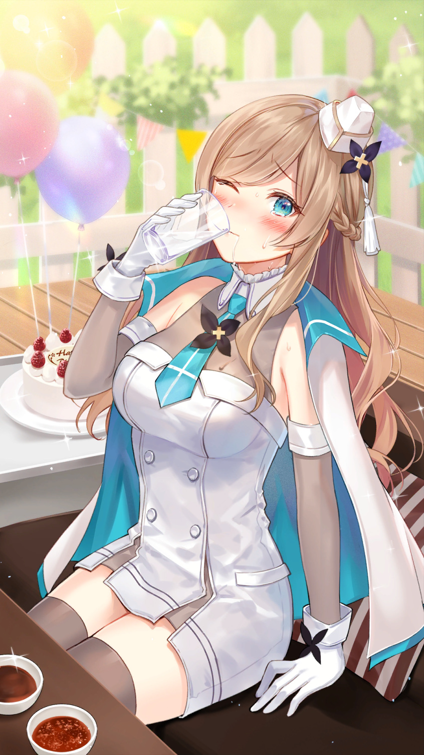 1girl aqua_cape aqua_necktie arm_support balloon bare_shoulders birthday_cake black_flower black_thighhighs blue_eyes blurry blurry_background blush bowl braid breasts cake cape collared_dress cowboy_shot cup curly_hair day detached_sleeves dress drinking drinking_glass fence flower food french_braid frown garrison_cap girl_cafe_gun gloves grainne_draser_(girl_cafe_gun) grass hair_flower hair_ornament hat hat_tassel highres holding holding_cup light_brown_hair liquid_from_mouth long_hair looking_at_viewer medium_breasts necktie non-web_source official_art on_chair one_eye_closed pencil_dress see-through see-through_cleavage see-through_sleeves short_dress sitting sleeveless sleeveless_dress solo sparkle strawberry_cake string_of_flags sweat swept_bangs table tearing_up thighhighs tilted_headwear white_dress white_gloves white_headwear wooden_fence wooden_floor zettai_ryouiki