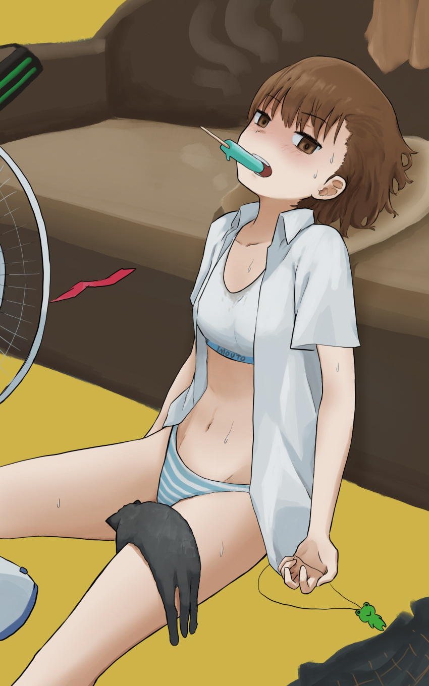 1girl absurdres bare_legs blank_eyes breasts brown_eyes brown_hair collared_shirt couch cowboy_shot eating exhausted food food_in_mouth gekota goggles goggles_removed highres holding holding_jewelry holding_necklace indoors jewelry misaka_imouto misaka_imouto_10032's_cat navel necklace on_floor open_clothes open_shirt panties popsicle shirt short_hair sitting skirt skirt_removed small_breasts solo sports_bra stomach striped striped_panties sweat tatararashi toaru_kagaku_no_railgun toaru_majutsu_no_index underwear white_shirt white_sports_bra yellow_background