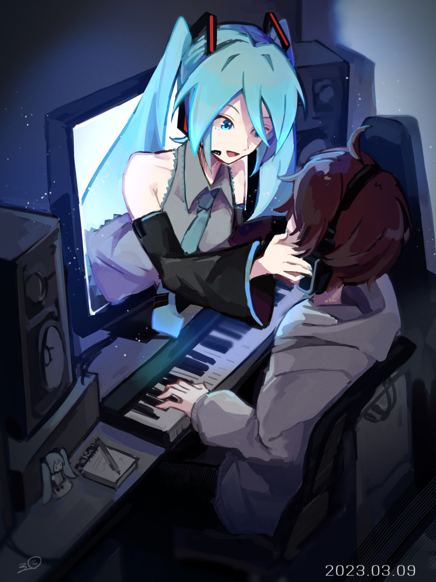 1boy 1girl absurdres aqua_eyes aqua_hair aqua_nails aqua_necktie bare_shoulders black_sleeves brown_hair chair collarbone commentary computer dated detached_sleeves figure from_behind grey_hoodie grey_shirt hair_ornament hands_on_another's_face hatsune_miku headphones headset highres hood hoodie indoors instrument instrument_case keyboard_(instrument) long_hair looking_at_another master_(vocaloid) miku_day mikuni144 monitor nail_polish necktie notepad shirt sleeveless sleeveless_shirt smile speaker through_screen twintails upper_body very_long_hair vocaloid