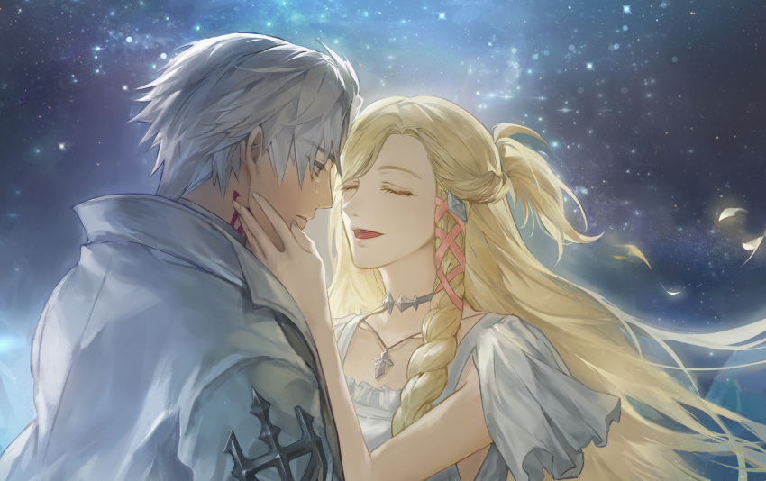 1boy 1girl blonde_hair braid closed_eyes coat collar collarbone commentary crying crying_with_eyes_open dress final_fantasy final_fantasy_xiv floating_hair from_side grey_eyes hair_ribbon half_updo hand_on_another's_chin hand_up highres hyur jewelry john_doodle long_hair metal_collar minfilia_warde neck_tattoo night night_sky open_mouth pendant profile ribbon short_hair side_braid single_braid sky smile star_(sky) starry_sky swept_bangs symbol-only_commentary tattoo tears thancred_waters upper_body white_coat white_dress white_hair