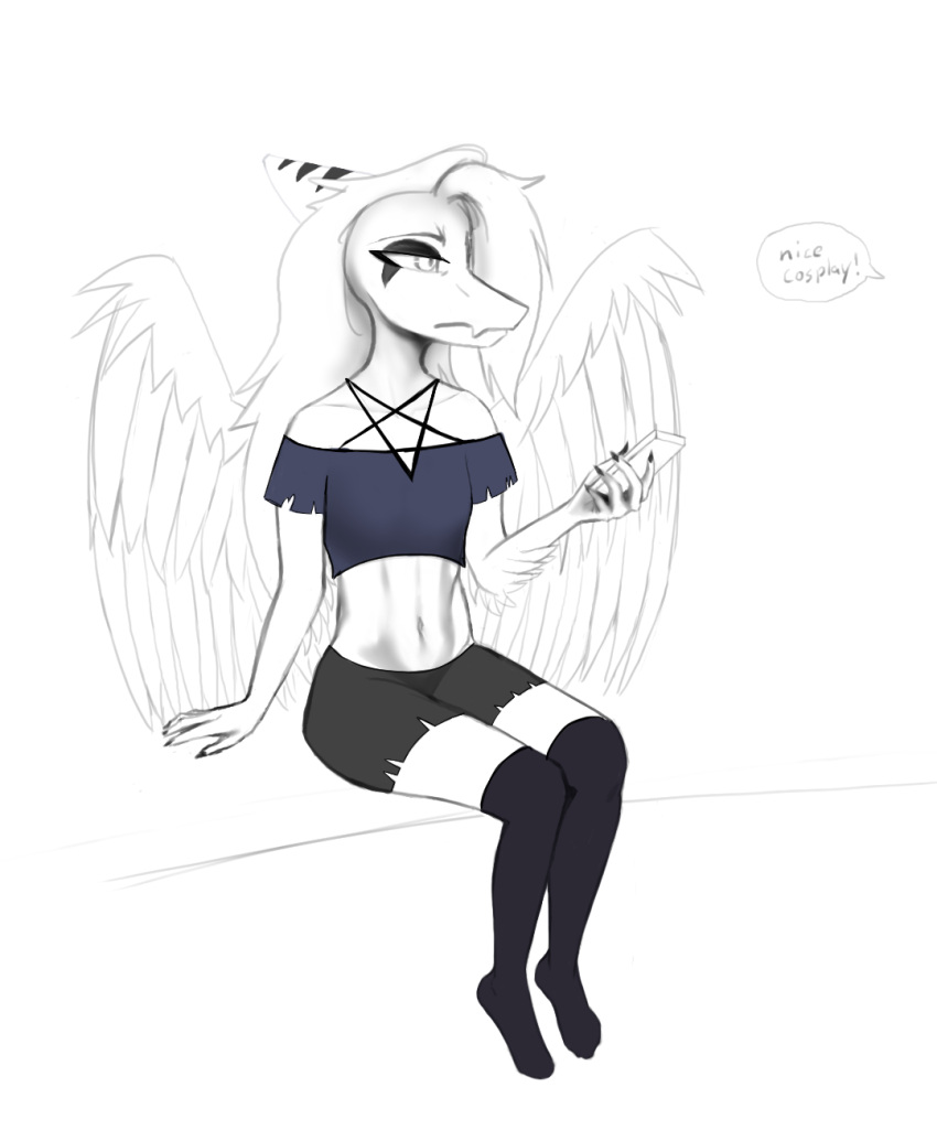 anthro clothed clothing crossover dinosaur english_text fang_(gvh) feathered_wings feathers female goodbye_volcano_high hair half_shaved_head helluva_boss hi_res legwear long_hair long_snout loona_(helluva_boss) navel pterodactylus pterosaur reptile scalie simple_background sitting sketch skimpy snoot_game_(fan_game) snout solo text thigh_highs unknown_artist white_background wings