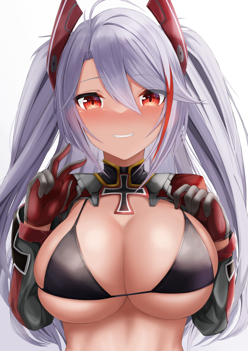 1girl absurdres antenna_hair azur_lane bikini black_bikini blush breasts cleavage cross gloves grey_hair grey_shirt grin hair_between_eyes headgear highres iron_cross large_breasts long_hair long_sleeves looking_at_viewer multicolored_hair no_mole prinz_eugen_(azur_lane) red_eyes red_hair ryara shirt shrug_(clothing) sidelocks simple_background skindentation smile solo standing stomach streaked_hair swimsuit teeth two_side_up upper_body v very_long_hair white_background