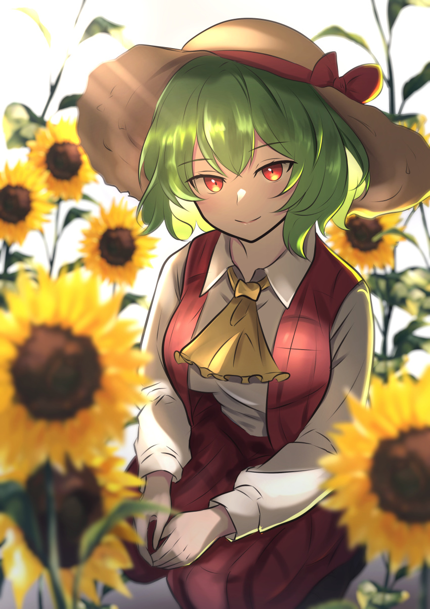 absurdres ascot bow collared_shirt flower green_hair hat hat_bow highres kazami_yuuka kazami_yuuka_(pc-98) long_sleeves looking_at_viewer medium_bangs pants red_eyes red_pants red_vest rinkaito1231 shirt short_hair sitting straw_hat sunflower touhou vest white_shirt yellow_ascot