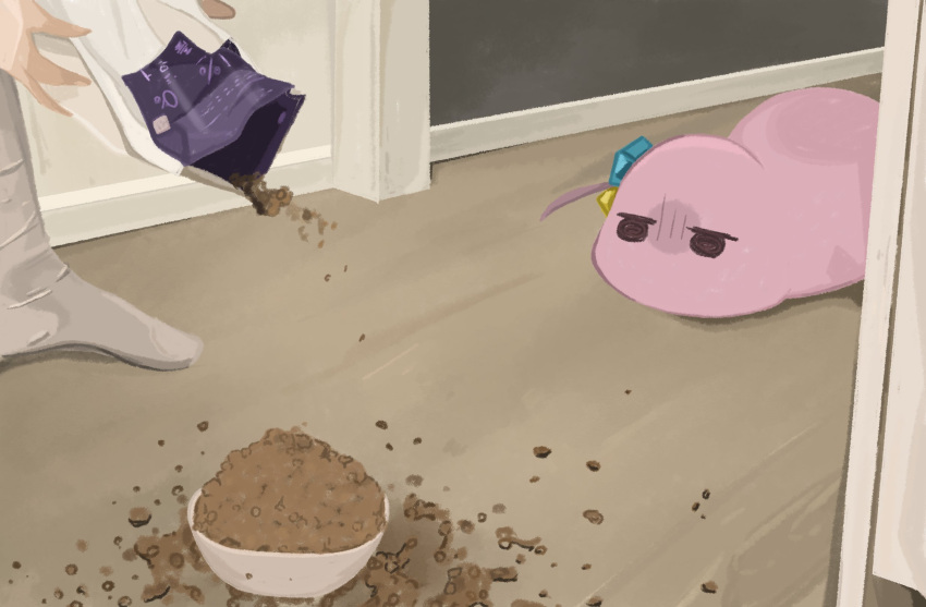 1girl 1other animalization bag black_eyes blob bocchi_the_rock! bowl cube_hair_ornament food gotou_hitori hair_ornament highres indoors naaga_sonomono on_floor one_side_up pet_bowl pet_food shaded_face solo_focus standing tsuchinoko