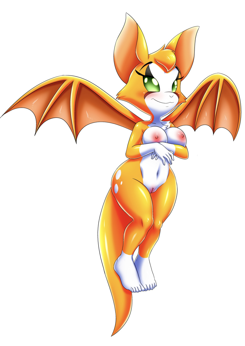 absurd_res anthro bat big_breasts blush breasts butt canid canine digital_media_(artwork) dust:_an_elysian_tail feet female fidget_(elysian_tail) fur genitals green_eyes hair hand_on_breast hi_res huge_breasts humanoid humanoid_legs mammal membrane_(anatomy) membranous_wings nimbat nipples nude orange_body orange_fur pussy simple_background smile smiling_at_viewer solo thick_thighs unknown_artist white_body white_fur wings