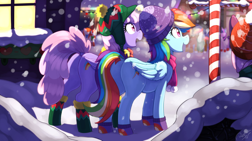 absurd_res blue_body blue_feathers butt duo equid equine feathers feral friendship_is_magic hasbro hi_res mammal my_little_pony pegasus rainbow_dash_(mlp) replica_(artist) scarf snow snowing wings