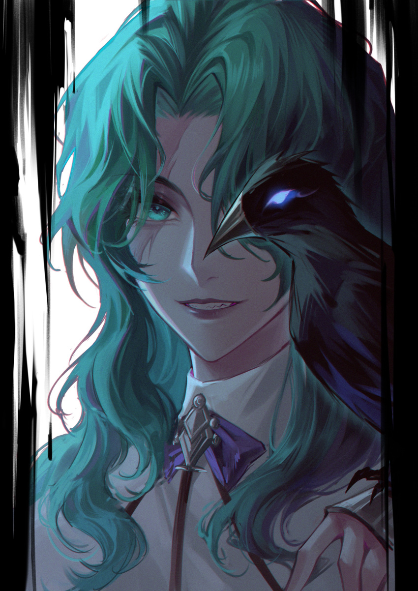 1girl absurdres animal bird bird_on_hand blue_eyes character_request crow glowing glowing_eyes green_eyes green_hair grey_hair grin hair_over_one_eye hand_up highres lccdi lipstick long_hair looking_at_viewer makeup one_eye_covered path_to_nowhere portrait scar scar_across_eye scar_on_face shirt simple_background smile white_background white_shirt