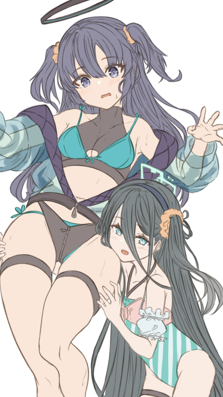 2girls absurdres aris_(blue_archive) arm_garter bandeau bikini black_hair blue_archive blush breasts cleavage feet_out_of_frame flat_chest green_bikini green_eyes groin hair_between_eyes hair_ornament hair_scrunchie hairband halo highres hug jacket long_hair looking_at_viewer multiple_girls navel official_art one-piece_swimsuit one_side_up open_mouth partially_unzipped scrunchie see-through see-through_jacket simple_background small_breasts smile striped striped_one-piece_swimsuit sweatdrop swimsuit thigh_strap two_side_up white_background yatsuka_(846) yuuka_(blue_archive) zipper