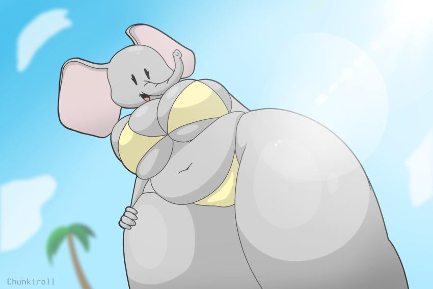 anthro beady_eyes big_breasts big_ears black_eyes breasts chunkiroll_(artist) clothing cloud elephant elephantid eyelashes female grey_body hand_on_hip hi_res huge_breasts lens_flare looking_at_viewer loona_(chunkiroll) low-angle_view mammal navel open_mouth overweight overweight_female palm_tree plant proboscidean proboscis_(anatomy) sky solo swimwear thick_thighs tree trunk_(anatomy) wide_hips worm's-eye_view yellow_clothing yellow_swimwear
