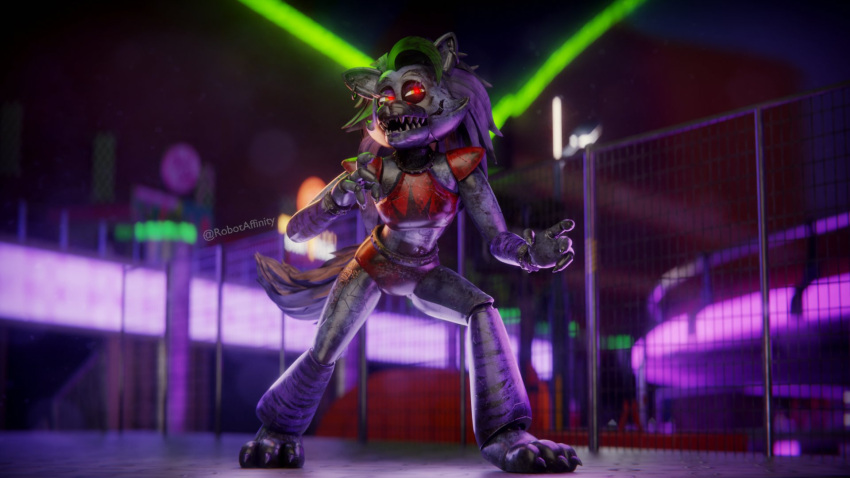 animatronic anthro blurred_background ear_piercing fangs female five_nights_at_freddy's five_nights_at_freddy's:_security_breach hi_res machine open_mouth piercing robot robotaffinity roxanne_wolf_(fnaf) scottgames solo steel_wool_studios teeth