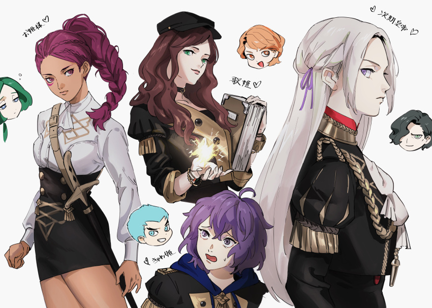 4boys 4girls absurdres ahoge bernadetta_von_varley black_hair black_headwear blue_eyes blue_hair book bracelet braid braided_ponytail brown_eyes brown_hair caspar_von_bergliez cowboy_shot cropped_torso curly_hair dorothea_arnault edelgard_von_hresvelg expressionless facial_mark ferdinand_von_aegir fire_emblem fire_emblem:_three_houses garreg_mach_monastery_uniform green_eyes green_hair hair_ribbon hat highres holding holding_book hubert_von_vestra jewelry linhardt_von_hevring long_hair looking_to_the_side magic multiple_boys multiple_girls orange_hair parted_lips partially_translated petra_macneary profile purple_eyes purple_hair purple_ribbon red_hair ribbon roru_(lol_dessin) scared sheath sheathed smile sweatdrop sword translation_request upper_body weapon white_background white_hair worried