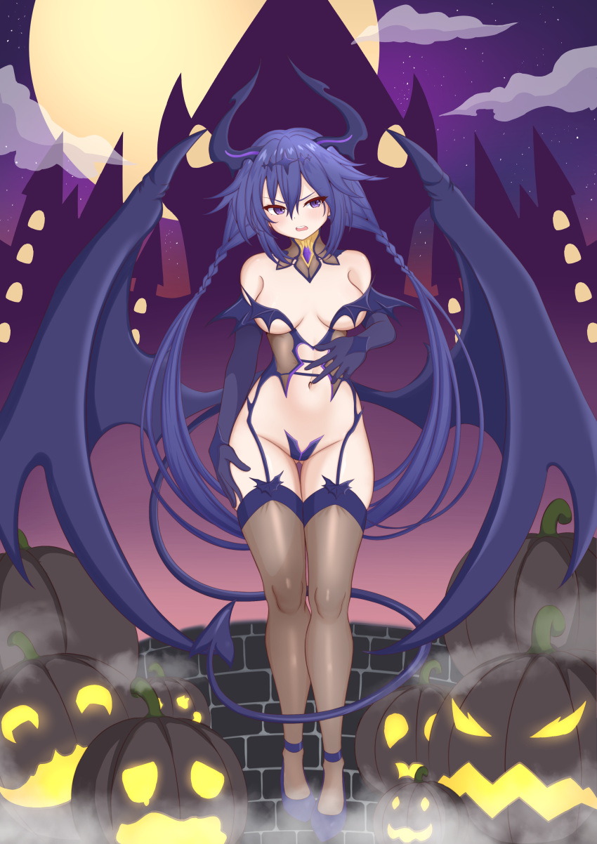 1girl absurdres alternate_costume ankokuboshi_kurome annoyed bare_shoulders black_gloves black_wings blue_gloves blue_wings blush braid breasts castle commission crimsle demon_girl demon_horns demon_tail demon_wings detached_collar elbow_gloves embarrassed full_body full_moon garter_straps gloves groin hair_between_eyes halloween halloween_costume hand_on_own_hip hand_on_own_stomach hand_up highres hip_focus horns legs legs_together long_hair looking_at_viewer medium_breasts moon navel neptune_(series) night night_sky open_mouth outdoors pixiv_commission pumpkin revealing_clothes shin_jigen_game_neptune_vii sky slit_pupils solo star_(sky) starry_sky tail tail_around_own_leg teeth thigh_gap thighhighs thighs twin_braids twintails underboob upper_teeth_only very_long_hair wings