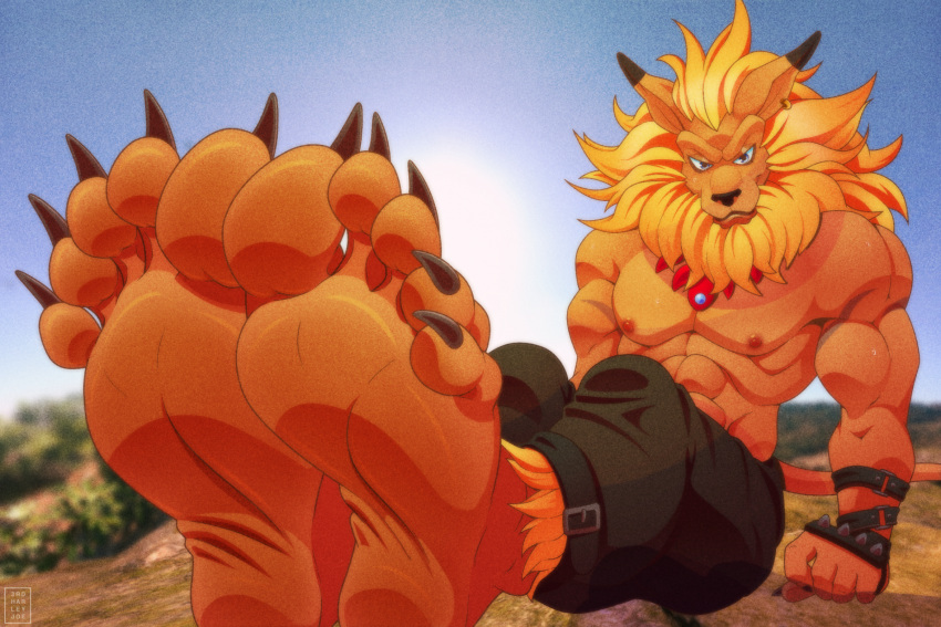 2023 3rdharleyjoe 5_fingers 5_toes anthro bandai_namco barefoot black_bottomwear black_clothing black_pants blue_eyes bottomwear claws clothed clothing digimon digimon_(species) digital_media_(artwork) feet felid fingers foot_fetish foot_focus hi_res leomon lion looking_at_viewer male mammal muscular muscular_anthro muscular_male outside pantherine pants plantigrade sitting solo toe_claws toes topless topless_anthro topless_male watermark