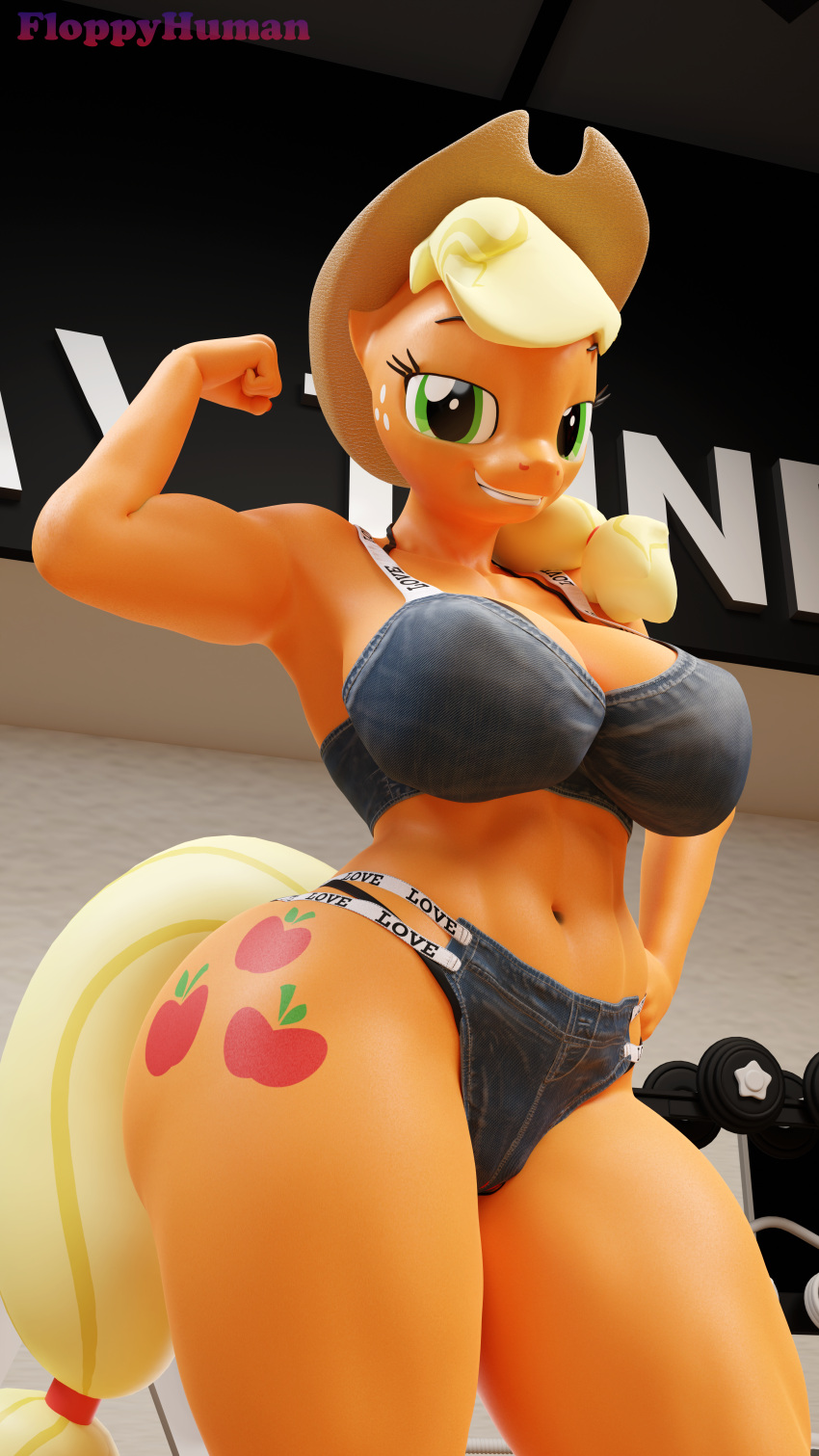 2023 3d_(artwork) absurd_res accessory anthro applejack_(mlp) artist_name athletic big_breasts biped blonde_hair bottomwear breasts butt cleavage clothed clothing cocked_hip cowboy_hat cutie_mark cutoffs daisy_dukes denim denim_bottomwear denim_clothing digital_media_(artwork) english_text equid equine eyebrows eyelashes female flexing flexing_bicep floppyhuman friendship_is_magic front_view fully_clothed furgonomics green_eyes gym hair hasbro hat headgear headwear hi_res horse hotpants inside light lighting looking_at_viewer low-angle_view mammal midriff my_little_pony navel orange_body orange_skin pony portrait pose shorts skimpy smile solo standing tail tail_accessory tailband text text_on_clothing thick_thighs three-quarter_portrait wide_hips yellow_tail
