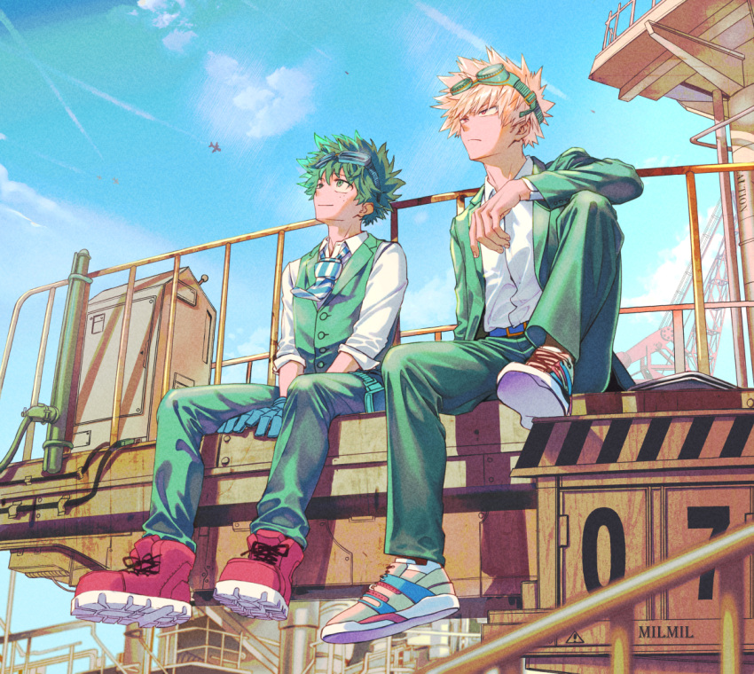 2boys aircraft airplane alternate_universe arm_on_knee arm_rest artist_name bakugou_katsuki balcony belt between_legs blonde_hair blue_belt blue_sky blue_stripes blurry blurry_background blurry_foreground boku_no_hero_academia buttons cable closed_mouth cloud collared_shirt contrail crane_(machine) cross-laced_footwear dated_commentary dress_shirt eyes_visible_through_hair film_grain fingernails floating_necktie foot_dangle freckles frown full_body goggles goggles_on_head green_eyes green_hair green_jacket green_pants green_vest hair_between_eyes hand_between_legs jacket knee_up lapels light long_sleeves looking_ahead looking_up male_focus midoriya_izuku milmil_(wa_ten'nendesu) multicolored_footwear multiple_boys necktie notched_lapels object_request official_alternate_costume open_clothes open_collar open_jacket outdoors pants railing red_eyes red_footwear rust sanpaku shadow shirt shoe_soles shoes short_hair side-by-side sideways_mouth sign sitting sky sleeves_past_elbows sleeves_rolled_up smile sneakers spiked_hair split_mouth striped_necktie sunlight thigh_pouch thigh_strap v_arms vest warning_sign white_shirt wing_collar