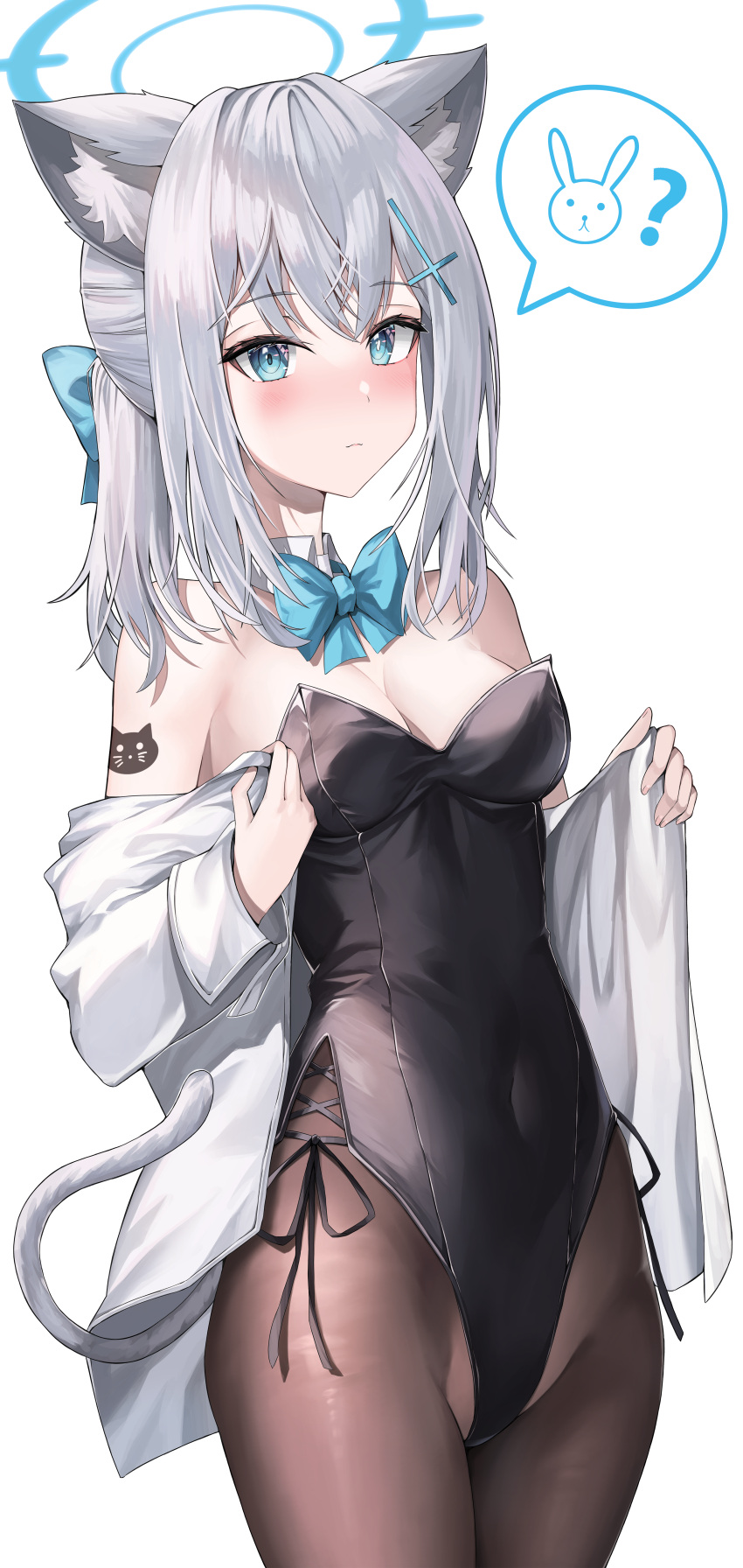 1girl ? absurdres alter_(kxk7357) alternate_costume animal_ear_fluff animal_ears bare_shoulders black_leotard black_pantyhose blue_archive blue_bow blue_bowtie blue_eyes blue_halo blush bow bowtie breasts bright_pupils closed_mouth commentary covered_navel cowboy_shot cross_hair_ornament detached_collar grey_hair hair_ornament halo highleg highleg_leotard highres jacket leotard looking_at_viewer medium_breasts medium_hair mismatched_pupils pantyhose playboy_bunny shiroko_(blue_archive) side-tie_leotard side_slit simple_background solo speech_bubble spoken_animal strapless strapless_leotard tail white_background white_jacket white_pupils wolf_ears wolf_girl