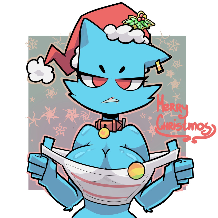 1:1 anthro big_breasts blue_body breasts cartoon_network chelo christmas christmas_clothing christmas_headwear cleavage clothed clothing collar domestic_cat ear_piercing ear_ring english_text eyelashes felid feline felis female glistening glistening_body half-closed_eyes hat headgear headwear hi_res holidays mammal mature_female merry_christmas narrowed_eyes nicole_watterson one_ear_up piercing red_eyes ring_piercing santa_hat snowflake solo text the_amazing_world_of_gumball upper_body