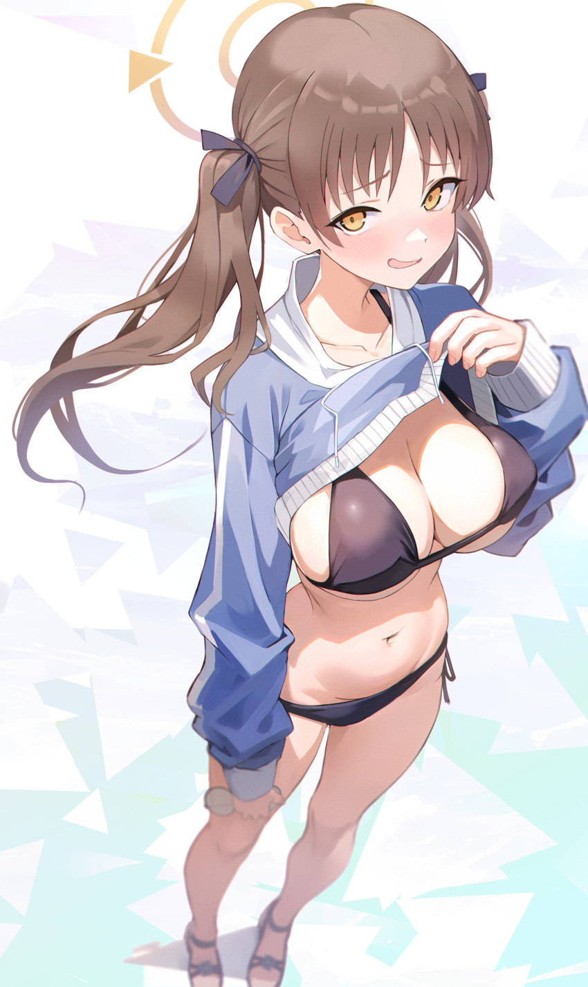 1girl absurdres bikini bikini_under_clothes black_bikini blue_archive blue_hoodie blush breasts brown_hair clothes_lift collarbone cropped_hoodie darudana halo highres hood hood_down hoodie hoodie_lift large_breasts lifted_by_self long_hair long_sleeves looking_at_viewer moe_(blue_archive) moe_(swimsuit)_(blue_archive) navel official_alternate_costume open_mouth side-tie_bikini_bottom sleeves_past_wrists smile solo standing stomach string_bikini swimsuit twintails yellow_eyes yellow_halo