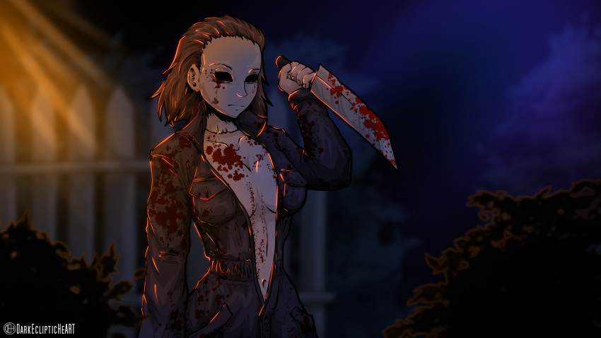 1girl absurdres bishoujo_terror blood blood_on_clothes blood_on_knife blood_on_weapon bodysuit breasts cleavage darkeclipticheart genderswap genderswap_(mtf) grey_bodysuit grey_jumpsuit halloween halloween_(movie) highres holding holding_knife jumpsuit knife kotobukiya_bishoujo large_breasts mask michael_myers michael_myers_(bishoujo_terror) october weapon white_mask