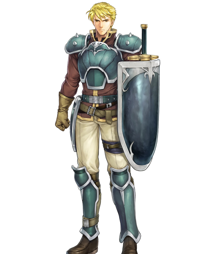 1boy armor blonde_hair brown_footwear fire_emblem fire_emblem:_the_blazing_blade fire_emblem_heroes harken_(fire_emblem) highres holding holding_shield male_focus non-web_source shield shin_guards shoulder_armor solo sword weapon yamada_koutarou