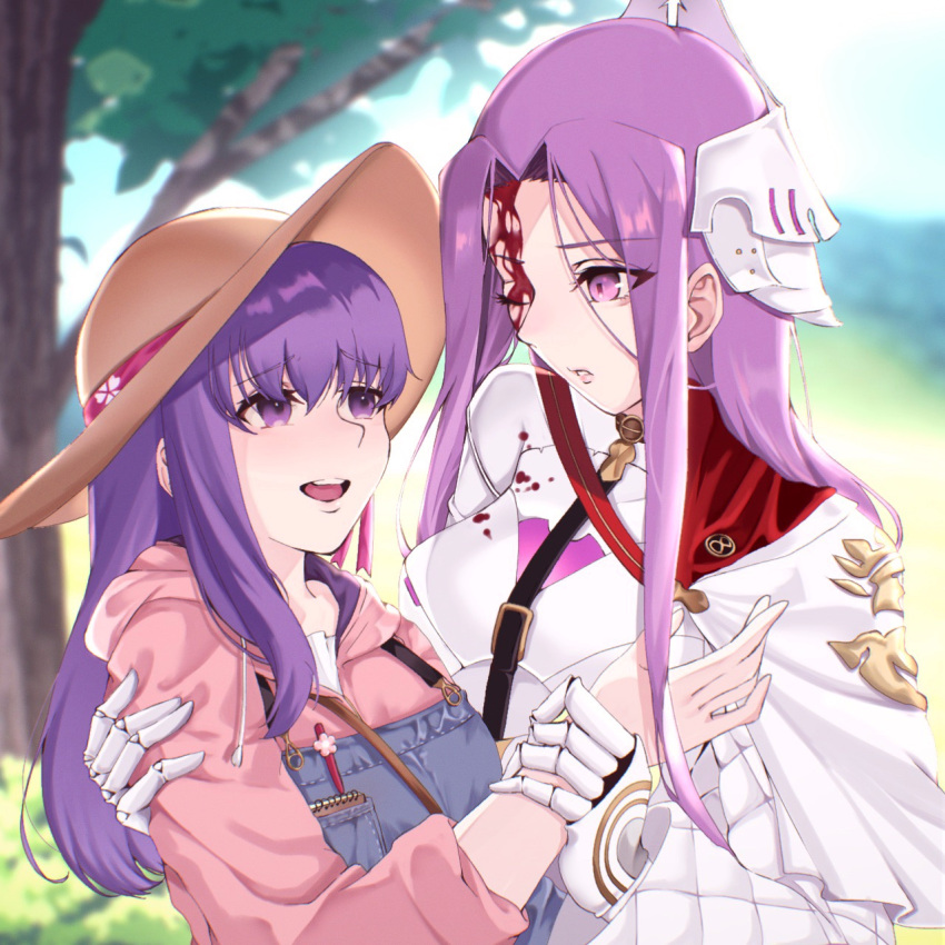 2girls blood blood_on_face fate/grand_order fate_(series) forehead hat highres holding_another's_wrist long_hair looking_at_another matou_sakura medusa_(fate) medusa_(saber)_(fate) multiple_girls nikumaki43 open_mouth purple_eyes purple_hair upper_body