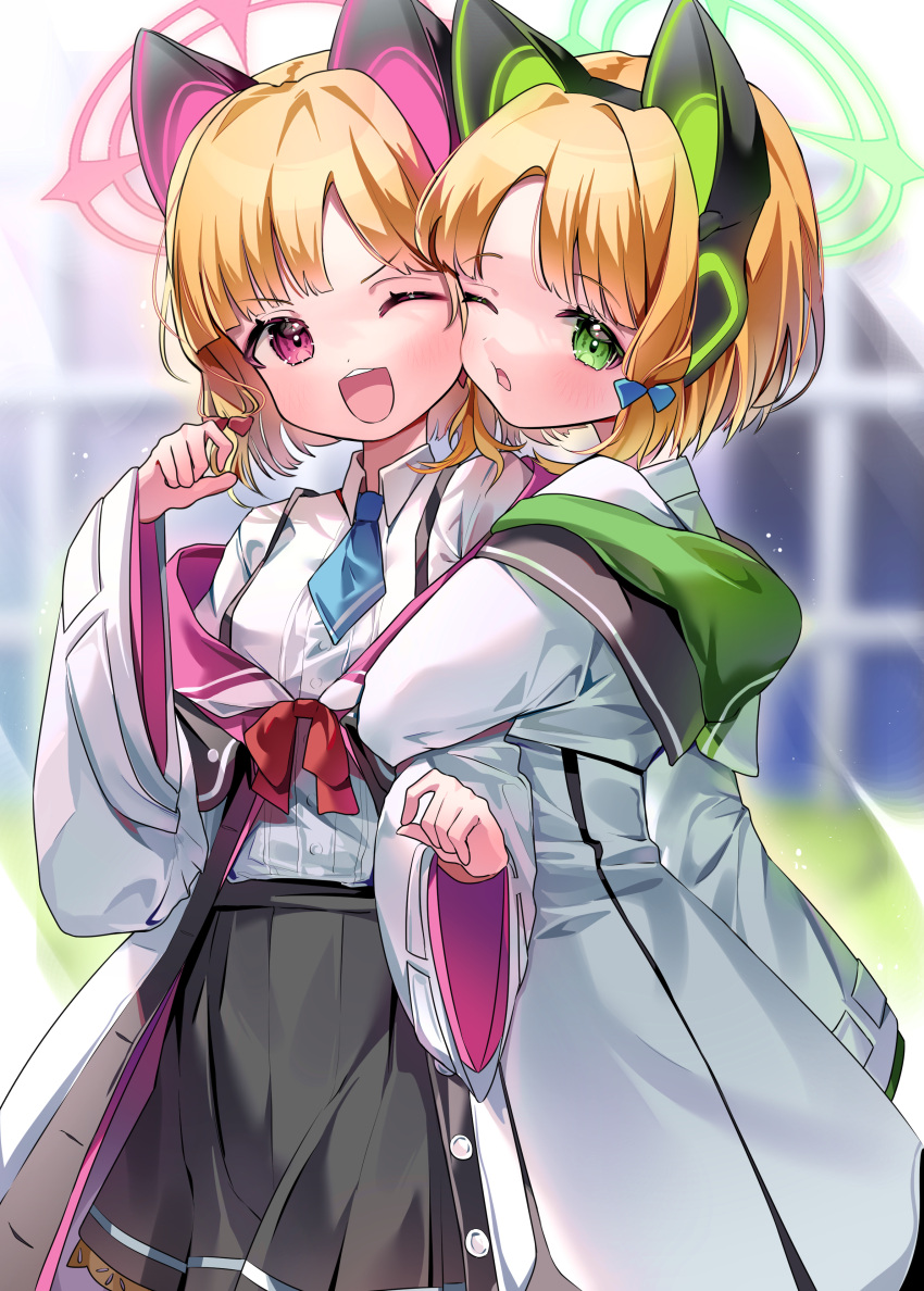 2girls absurdres animal_ear_headphones animal_ears arm_hug black_skirt blonde_hair blue_archive blue_bow blue_necktie blush bow breasts cheek-to-cheek collared_shirt commentary fake_animal_ears green_eyes green_halo hair_bow halo headphones heads_together highres jacket long_sleeves midori_(blue_archive) momoi_(blue_archive) multicolored_clothes multicolored_jacket multiple_girls necktie nyaruin one_eye_closed open_mouth pink_halo pleated_skirt red_bow red_eyes revision shirt short_hair siblings sisters skirt small_breasts smile twins two-tone_jacket white_jacket white_shirt