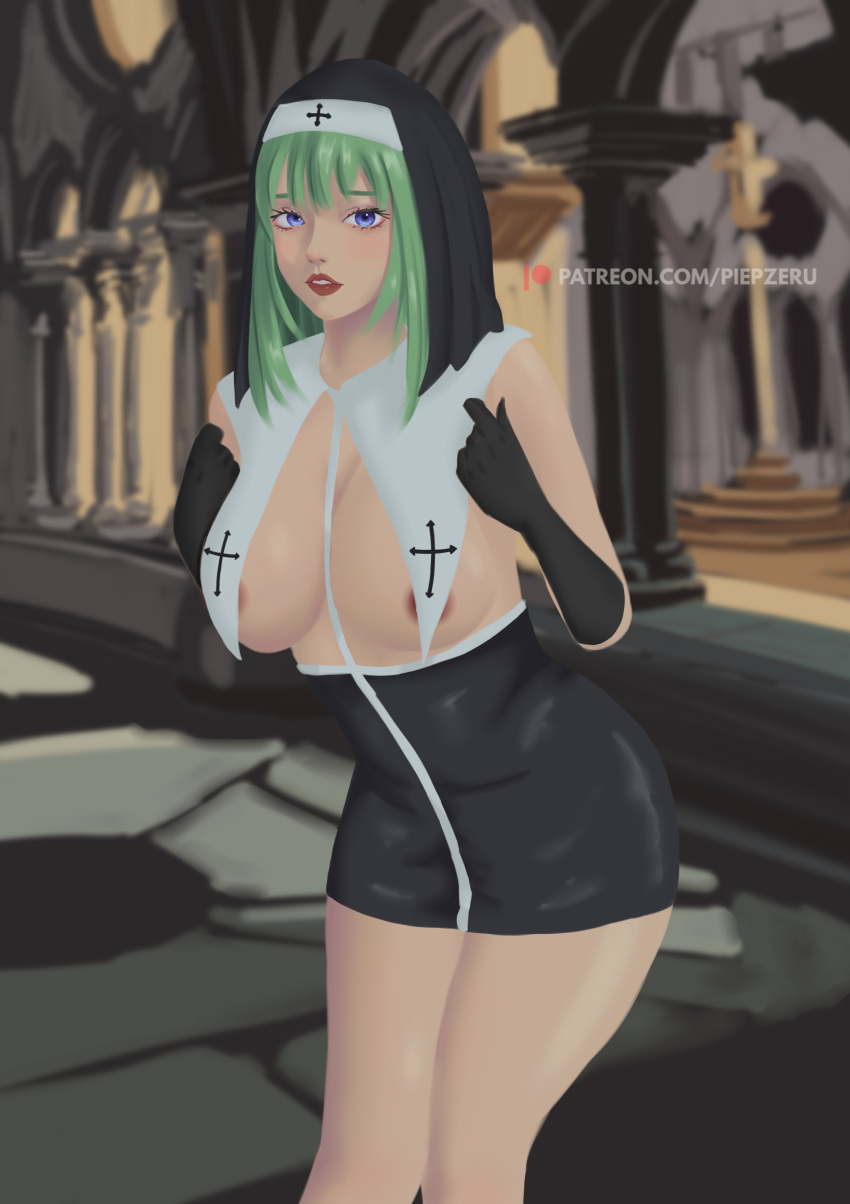 absurdres bdsm breasts highres innocent latex nun paid_reward_available patreon piepzeru self-upload teasing underboob