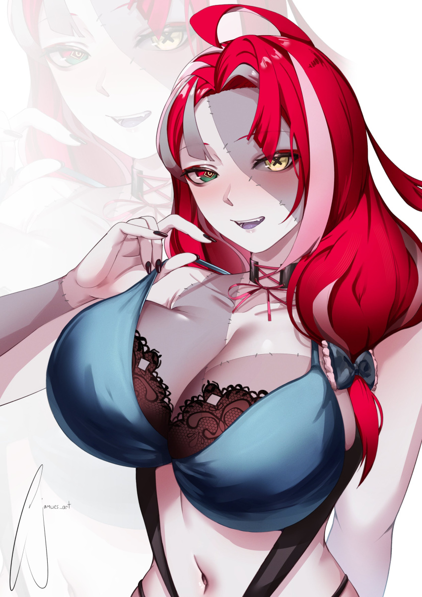1girl absurdres black_bra bra breasts cleavage clothes_pull colored_skin gradient_eyes green_eyes grey_skin heterochromia highres hololive hololive_indonesia jamwes kureiji_ollie lace-trimmed_bra lace_trim large_breasts long_hair looking_at_viewer multicolored_eyes multicolored_hair multicolored_skin navel open_mouth patchwork_skin pink_hair red_eyes red_hair sallie_(kureiji_ollie) smile solo streaked_hair two-tone_skin underwear virtual_youtuber white_background yellow_eyes zombie zoom_layer