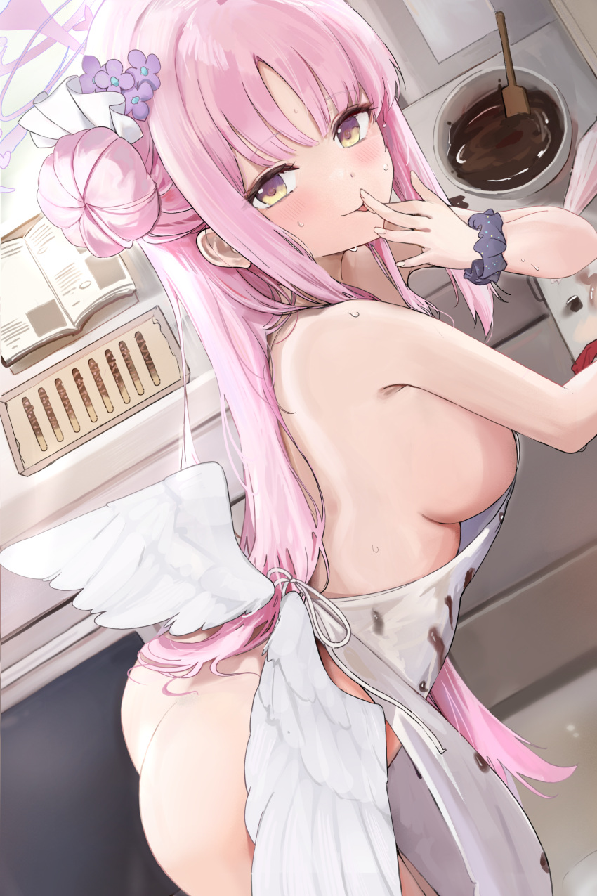 1girl absurdres angel_wings apron armpit_crease ass black_scrunchie blue_archive blush book bowl breasts chocolate_making chocolate_on_clothes closed_mouth commentary feathered_wings finger_to_tongue fingernails flower food frilled_ribbon frills gokineko_(roachcat) hair_bun hair_flower hair_ornament hair_ribbon halo heart highres indoors kitchen large_breasts leaning_forward long_hair looking_at_viewer low_wings mika_(blue_archive) naked_apron open_book pastry_bag pink_flower pink_hair pink_halo pocky recipe_(object) ribbon scrunchie sideboob single_side_bun smile solo starry_sky_print sweat symbol-only_commentary thighs tongue tongue_out tray white_apron white_ribbon white_wings wings wooden_spoon wrist_scrunchie yellow_eyes
