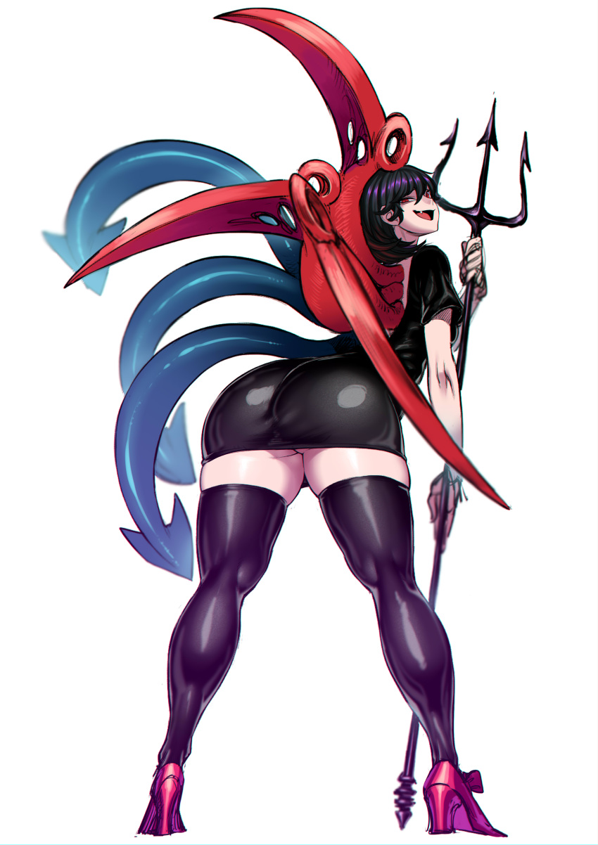 :d absurd_res black_hair butt clothed clothing dress fangs female footwear hair hi_res high_heels holding_object holding_weapon humanoid legwear melee_weapon not_furry nue nue_houjuu open-back_dress open_mouth polearm pupils rear_view red_eyes short_hair slit_pupils smile solo space_zin teeth thigh_highs touhou trident unusual_anatomy unusual_wings weapon wings