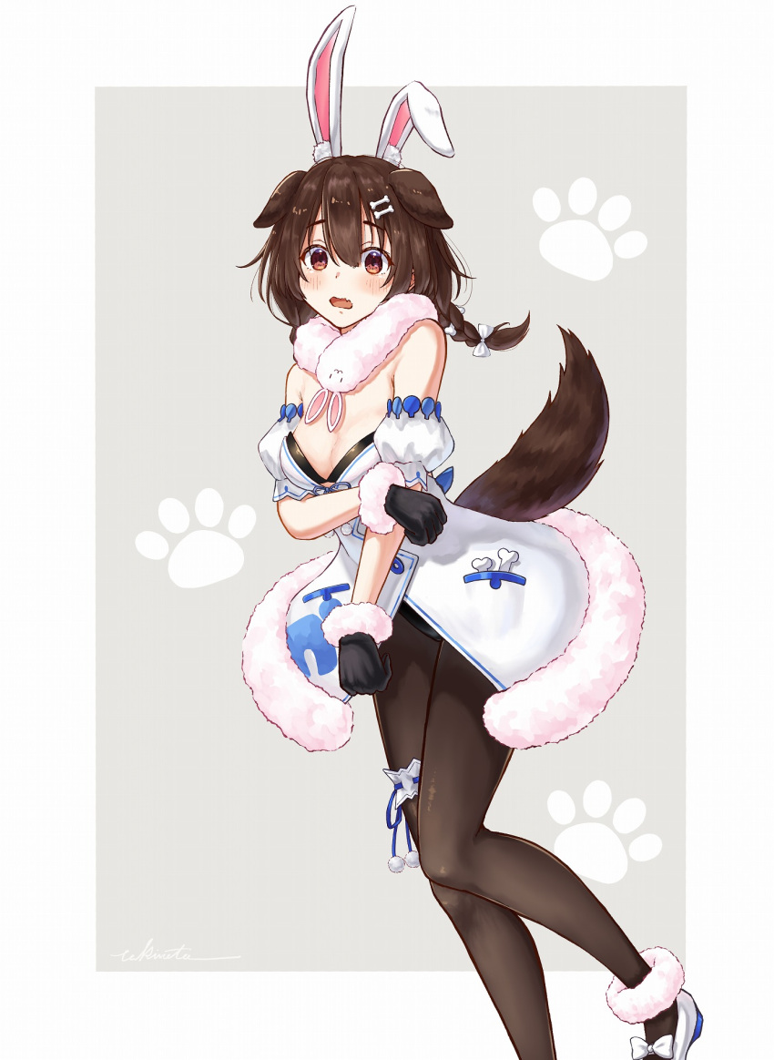 1girl animal_ears arm_under_breasts bare_shoulders black_gloves black_leotard black_pantyhose blush bone_hair_ornament braid breasts bridal_garter brown_eyes brown_hair cleavage coat commentary_request cosplay cutout_above_navel detached_sleeves dog_ears dog_girl dog_tail don-chan_(usada_pekora) embarrassed extra_ears fang full_body fur-trimmed_coat fur-trimmed_gloves fur_scarf fur_trim gloves grabbing_own_arm grey_background hair_between_eyes hair_ornament hairclip highres hololive inugami_korone knee_up leotard leotard_under_clothes long_hair looking_at_viewer low_twin_braids medium_breasts open_mouth pantyhose paw_print paw_print_background playboy_bunny puffy_detached_sleeves puffy_short_sleeves puffy_sleeves rabbit_ears scarf short_sleeves skin_fang solo standing standing_on_one_leg strapless strapless_coat strapless_leotard tail takimoto_nao twin_braids usada_pekora usada_pekora_(cosplay) virtual_youtuber white_coat white_scarf white_sleeves
