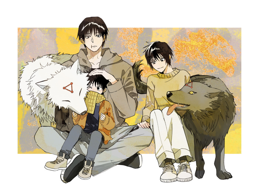 1girl 2boys animal black_eyes black_footwear black_hair black_shirt brown_jacket brown_sweater closed_mouth dog family full_body fushiguro_megumi fushiguro_touji grey_footwear grey_jacket grey_pants hand_on_another's_head highres hood hood_down jacket jujutsu_kaisen long_sleeves megumi's_mother_(jujutsu_kaisen) multiple_boys one_eye_closed pants s_o_i scar scar_on_face scar_on_mouth scarf shirt shoes short_hair sitting smile sweater white_pants yellow_scarf