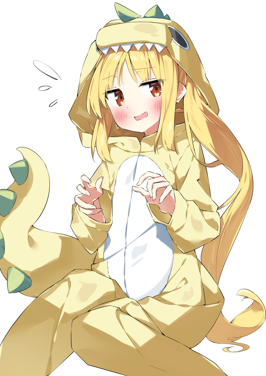 1girl :d absurdres blonde_hair blush bocchi_the_rock! commentary_request dinosaur_costume dinosaur_hood dinosaur_tail feet_out_of_frame flying_sweatdrops highres hood hood_up ijichi_nijika knees_together_feet_apart long_hair long_sleeves nervous_smile parted_bangs red_eyes side_ponytail simple_background sitting sleeves_past_wrists smile solo suta0822 tail very_long_hair white_background