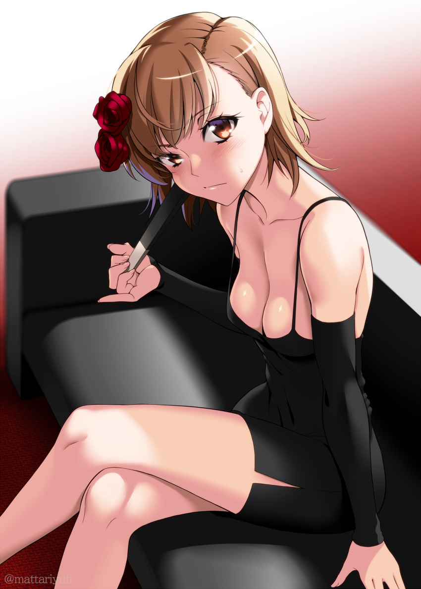 1girl black_dress blush breasts brown_eyes brown_hair cleavage cocktail_dress collarbone commentary_request couch crossed_legs detached_sleeves dress flower hair_flower hair_ornament highres holding looking_at_viewer mattari_yufi medium_breasts misaka_mikoto short_hair sitting solo sweatdrop toaru_kagaku_no_railgun toaru_majutsu_no_index twitter_username upper_body