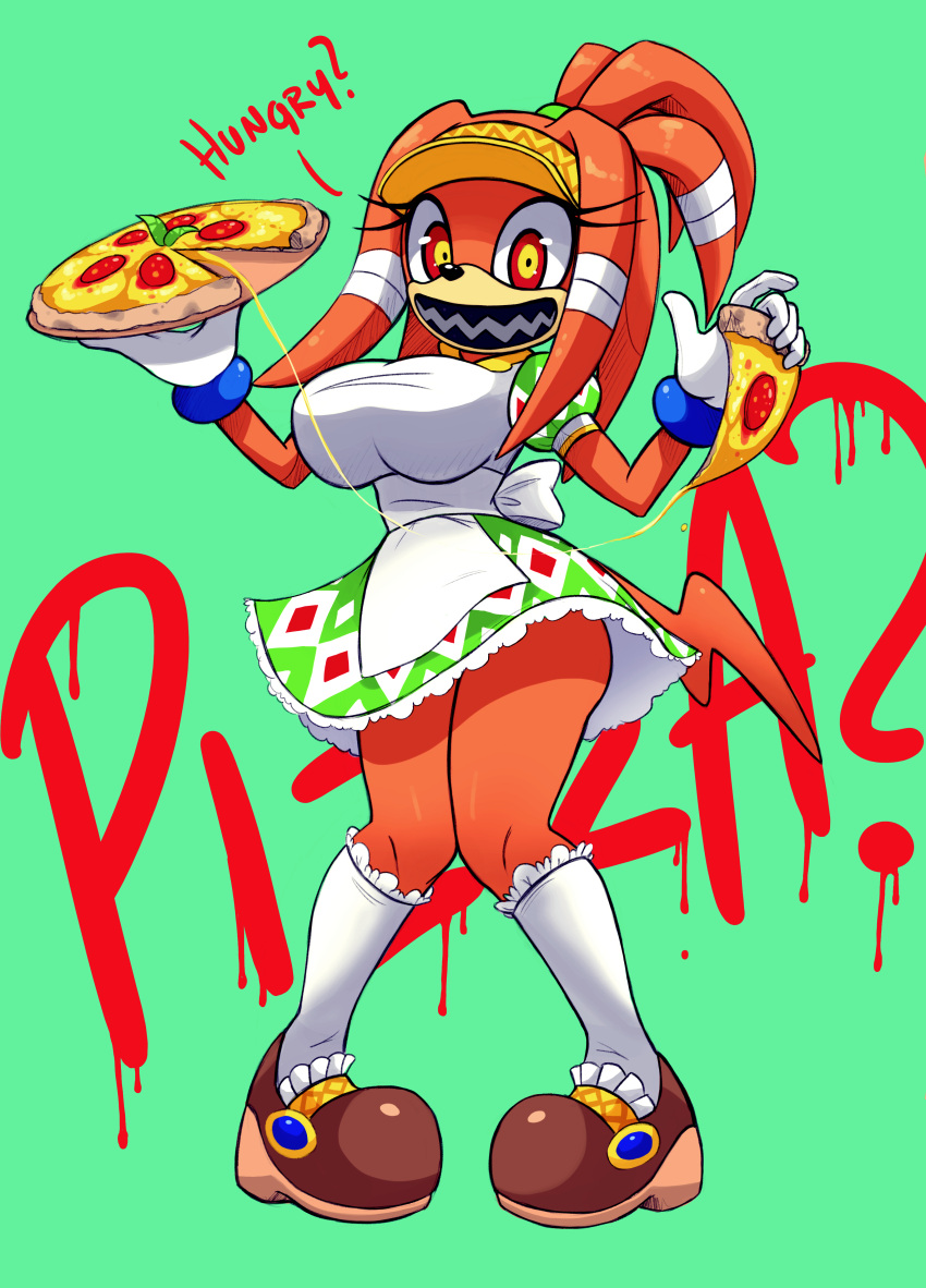 2023 absurd_res anthro big_breasts boo_(sonic) breasts clothing dialogue dress echidna eyelashes female food footwear gloves handwear hat headgear headwear hi_res holding_food holding_object holding_pizza legwear looking_at_viewer mammal monotreme naaraskettu open_mouth orange_body pigeon_toed pizza possesed possession red_eyes sega sharp_teeth shoes solo sonic_adventure sonic_the_hedgehog_(series) teeth tikal_the_echidna