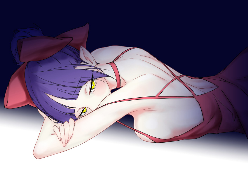 1girl back bare_shoulders blush bow breasts cat_girl choker dress fetishist gegege_no_kitarou hair_bow hair_bun highres looking_at_viewer lying medium_breasts nekomusume nekomusume_(gegege_no_kitarou_6) on_stomach purple_hair red_bow red_choker red_dress shade short_hair shoulder_blades single_hair_bun sleeveless sleeveless_dress solo upper_body yellow_eyes